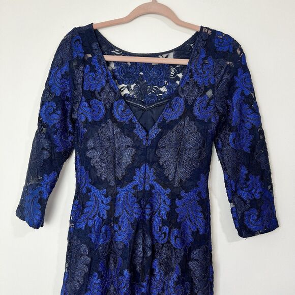 Aidan Mattox Formal Dress Gown Blue Black Damask Lace Women’s 2 - Picture 5 of 12